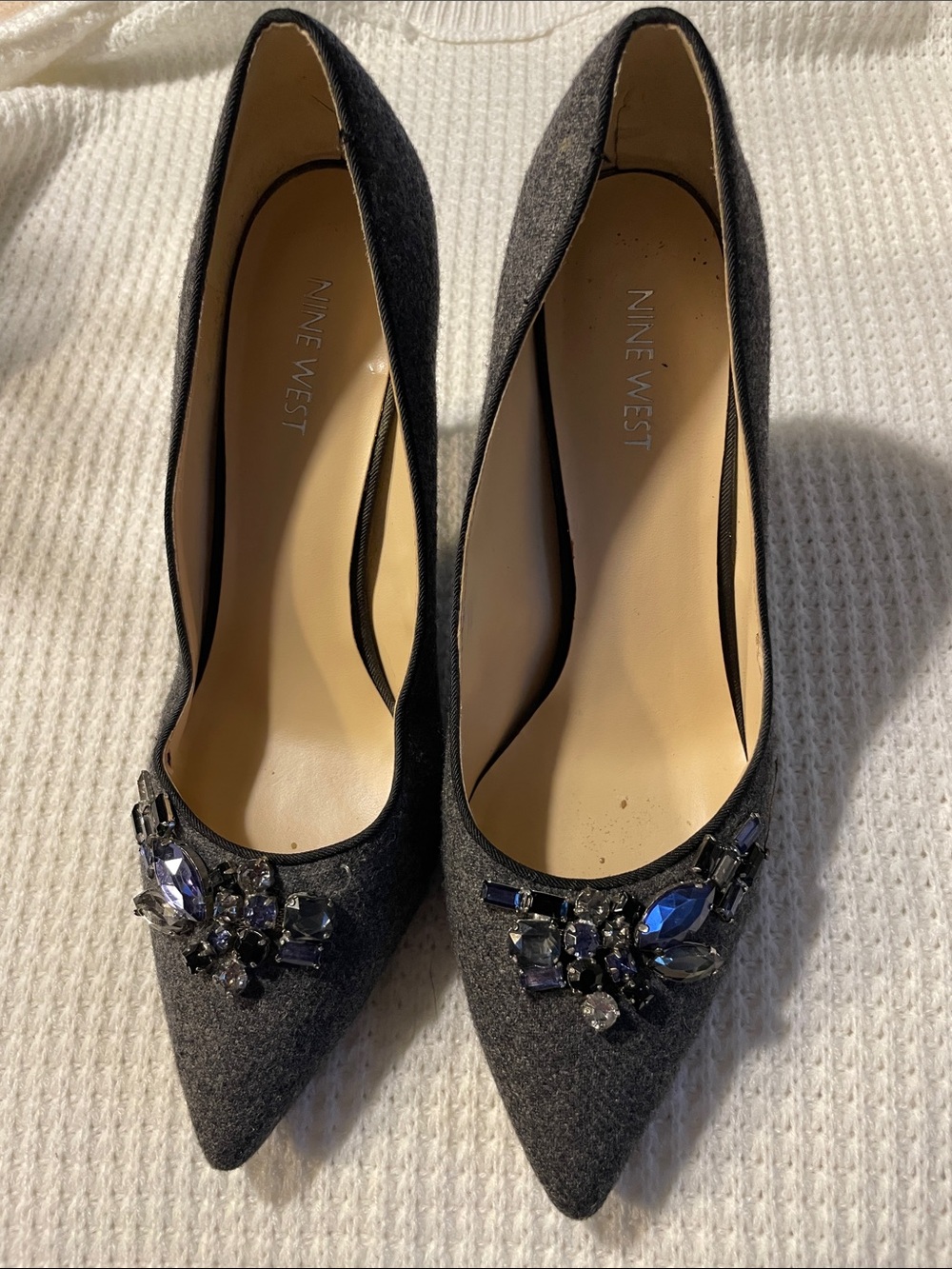 Nine West Gray Pointed-Toe Pumps with Crystal Accent